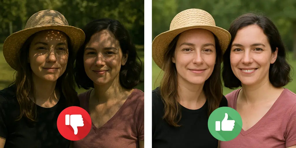 Comparaison de visages mal éclairés et bien éclairés pour choisir une photo à transformer en mosaïque