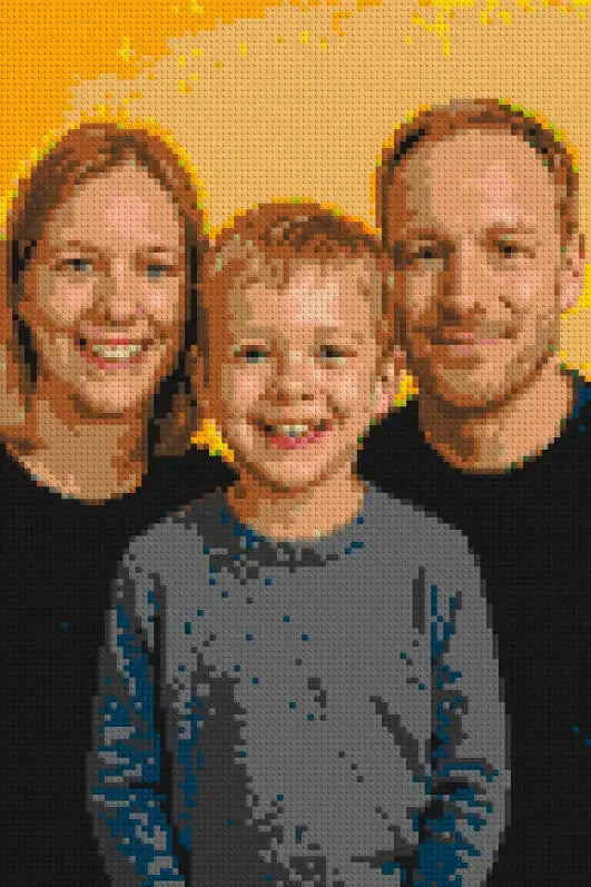 Aperçu d’un portrait de famille personnalisé en briques avec deux parents et leur enfant, petit format portrait